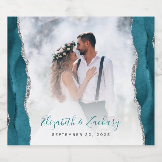 Wedding Photo Teal Blue Silver Agate Sparkling Wijnetiket (Enkel label)