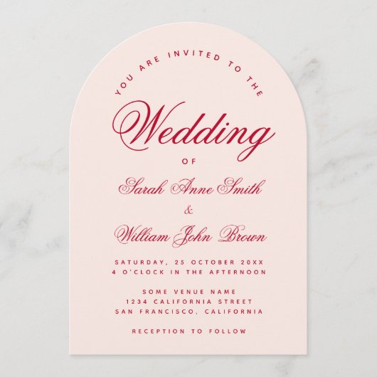 Wedding Pink Arch Red Script Simple Calligraphy  Kaart (Voorkant)