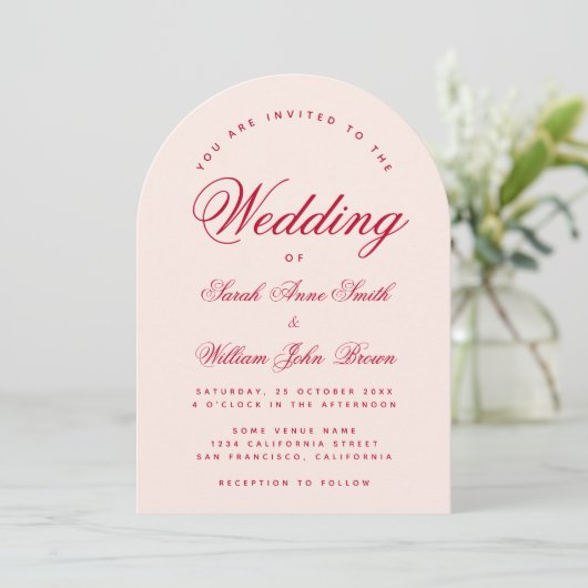 Wedding Pink Arch Red Script Simple Calligraphy Kaart (Staand voorkant)