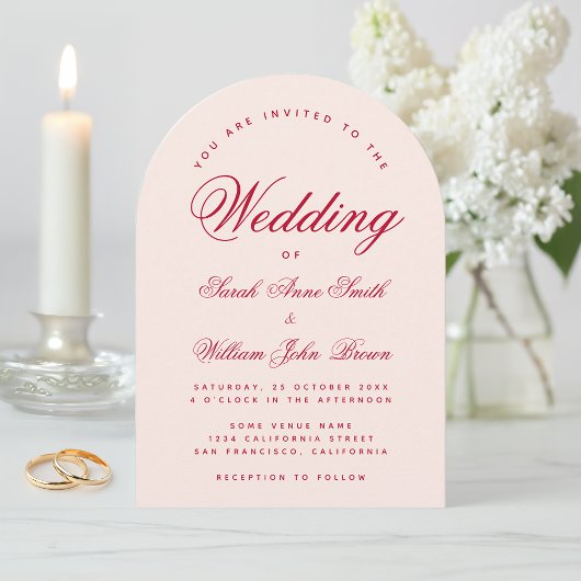 Wedding Pink Arch Red Script Simple Calligraphy  Kaart