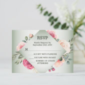 Wedding Pink Floral Rustic Geometric Green RSVP Kaartje (Staand voorkant)