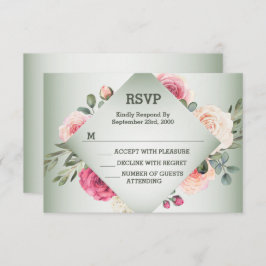Wedding Pink Floral Rustic Geometric Green RSVP Kaartje