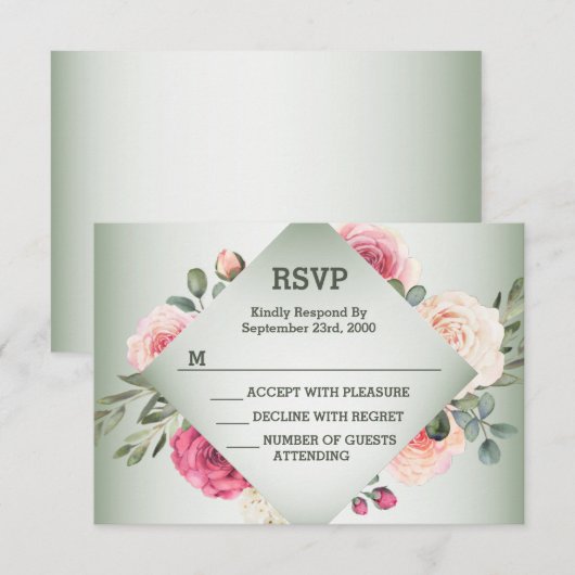 Wedding Pink Floral Rustic Geometric Green RSVP Kaartje (Voorkant / Achterkant)
