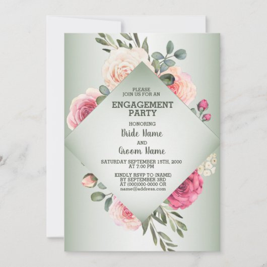 Wedding Pink Floral Rustic Green Engagement Party Kaart (Voorkant)