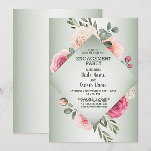 Wedding Pink Floral Rustic Green Engagement Party Kaart (Voorkant / Achterkant)