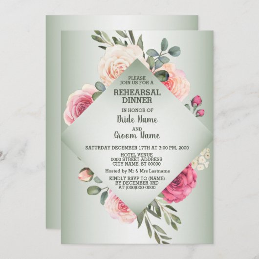 Wedding Pink Floral Rustic Green Rehearsal Dinner Kaart (Voorkant / Achterkant)