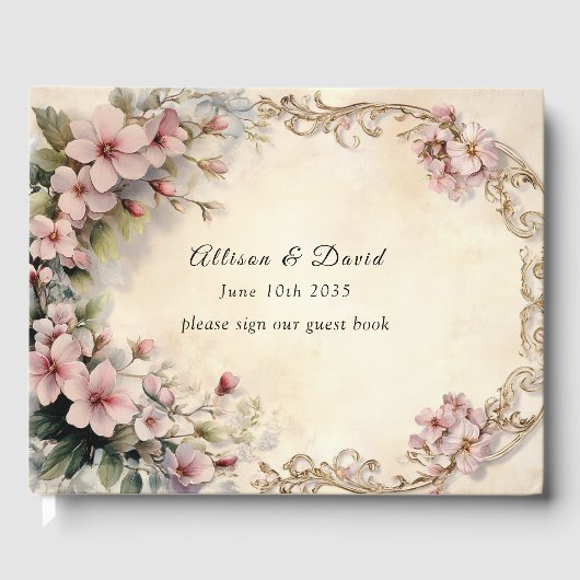 Wedding Pink Flowers Gild Filigree Lijst Gastenboek (Voorkant)