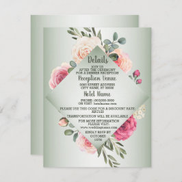 Wedding Pink Peach Floral Rustic Green Detail Informatiekaartje