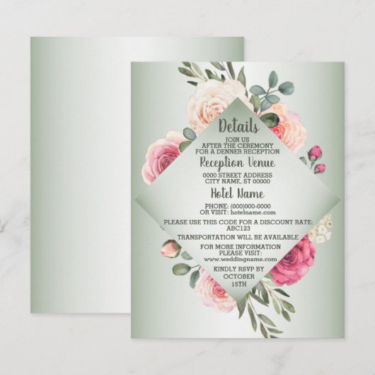 Wedding Pink Peach Floral Rustic Green Detail Informatiekaartje (Voorkant / Achterkant)