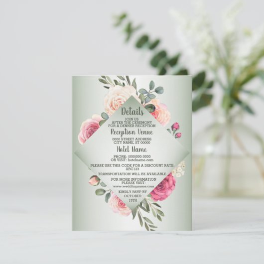 Wedding Pink Peach Floral Rustic Green Detail Informatiekaartje (Staand voorkant)