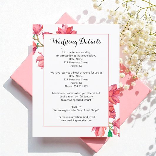 Wedding Pink White Watercolor Magnolia Informatiekaartje