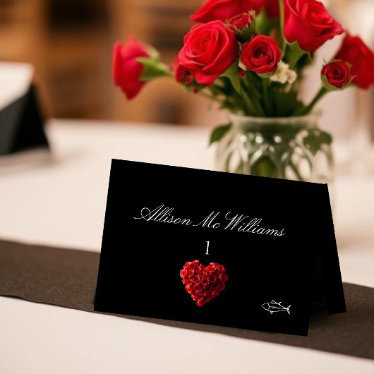 Wedding Place Cards Fish Icon-Red Roses Kaart