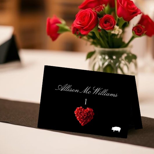 Wedding Place Cards Pork Icon-Red Roses Kaart