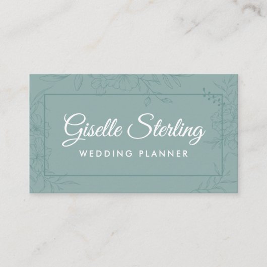 Wedding Planner Blauwgroen Floral Line Art Script Visitekaartje (Voorkant)