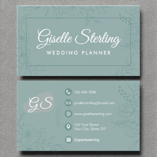Wedding Planner Blauwgroen Floral Line Art Script Visitekaartje