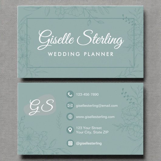 Wedding Planner Blauwgroen Floral Line Art Script Visitekaartje
