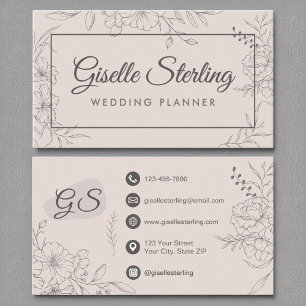 Wedding Planner Blush Roze Bloemen Line Art Visitekaartje