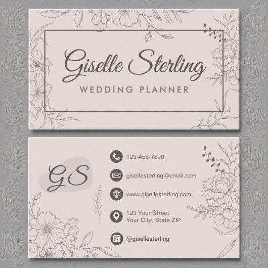 Wedding Planner Blush Roze Bloemen Line Art Visitekaartje