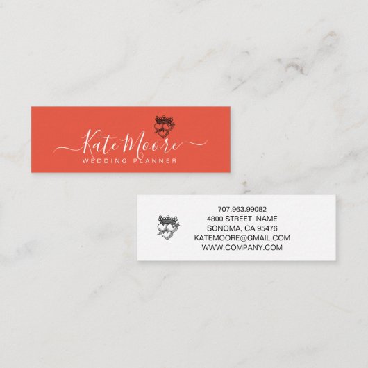 Wedding Planner Crown Hearts Rood Sinaasappel Mini Visitekaartje (Voorkant / Achterkant)