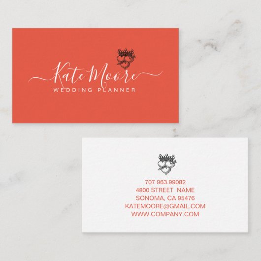 Wedding Planner Hearts Crown Rood Sinaasappel Visitekaartje (Voorkant / Achterkant)