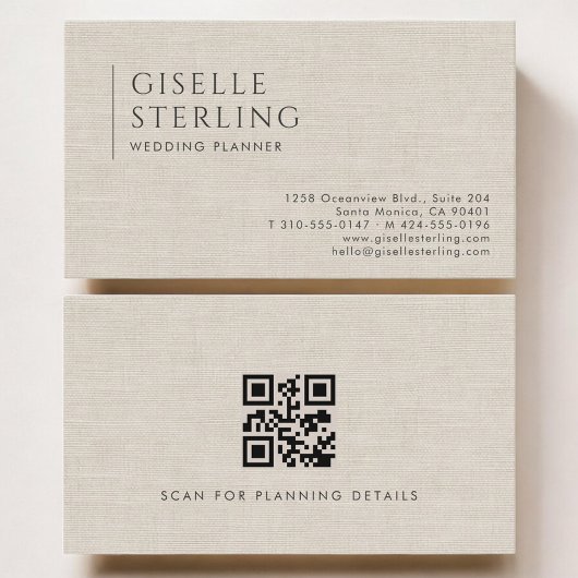 Wedding Planner Luxury Neutral Linen QR Code Visitekaartje