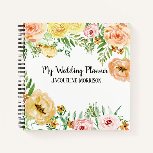 Wedding Planner Moderne Waterverf Bloemen Rozen Notitieboek (Voorkant)