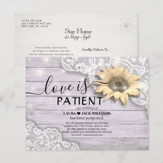 Wedding Postponement Love is Patiënte Sunflower Aankondigingskaart (Voorkant / Achterkant)