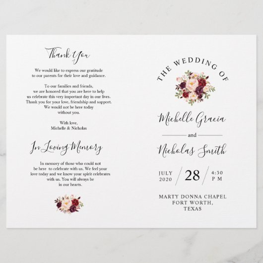 Wedding Program Burgundy Waterverf Floral, FOLD (Voorkant)