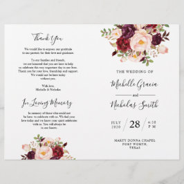 Wedding Program Burgundy Waterverf Floral, FOLD