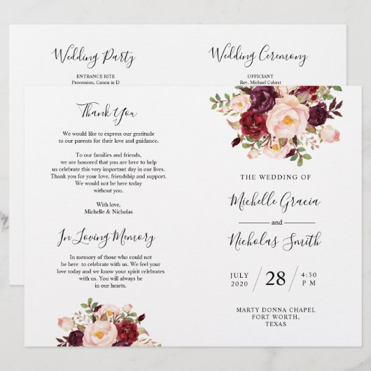 Wedding Program Burgundy Waterverf Floral, FOLD (Voorkant / Achterkant)