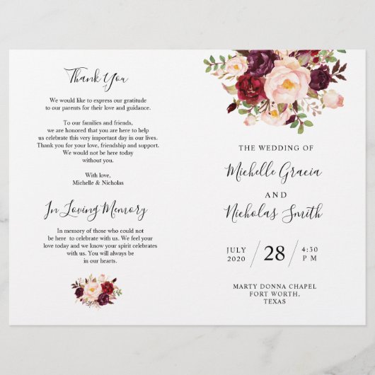 Wedding Program Burgundy Waterverf Floral, FOLD (Voorkant)