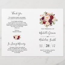 Wedding Program Burgundy Waterverf Floral, FOLD