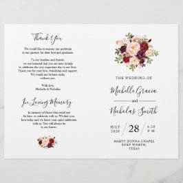 Wedding Program Burgundy Waterverf Floral, FOLD
