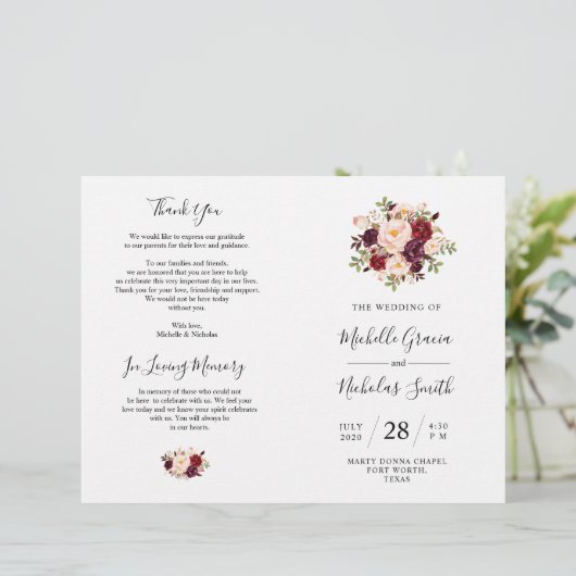 Wedding Program Burgundy Waterverf Floral, FOLD (Staand voorkant)