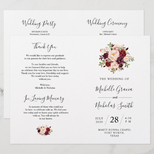 Wedding Program Burgundy Waterverf Floral, FOLD (Voorkant / Achterkant)