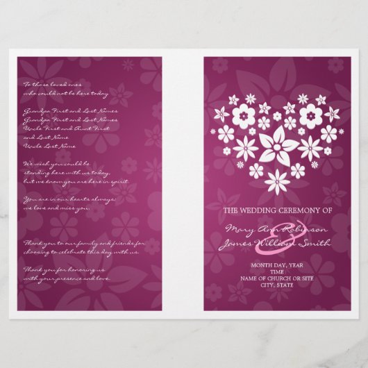 Wedding Program Flowery Heart Berry Pink (Voorkant)