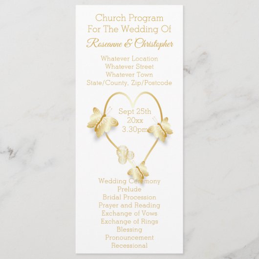 Wedding Program Gold Coloured Heart Butterfly Programmakaart (Voorkant)