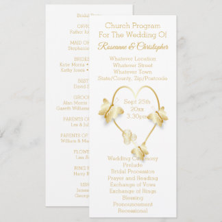 Wedding Program Gold Coloured Heart Butterfly Programmakaart