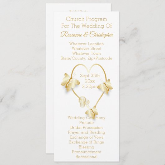 Wedding Program Gold Coloured Heart Butterfly Programmakaart (Voorkant / Achterkant)