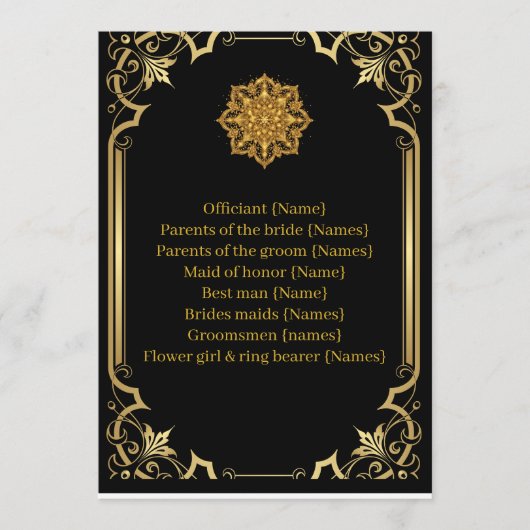 Wedding Program Mandala Luxury Black and Gold  Programmakaart (Voorkant)