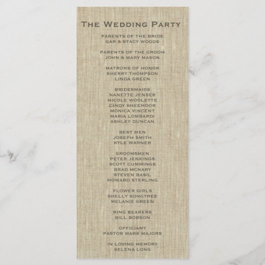 Wedding Program Rustic Linen Programmakaart (Achterkant)