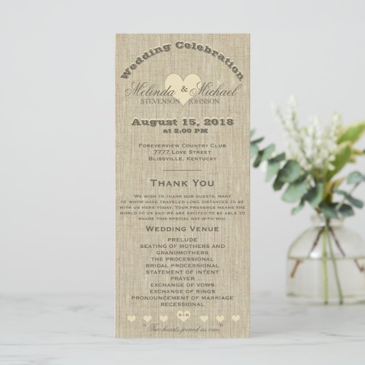 Wedding Program Rustic Linen Programmakaart (Staand voorkant)