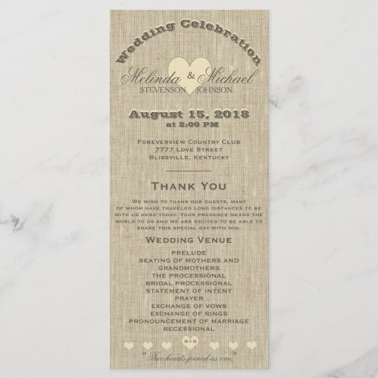 Wedding Program Rustic Linen Programmakaart (Voorkant)