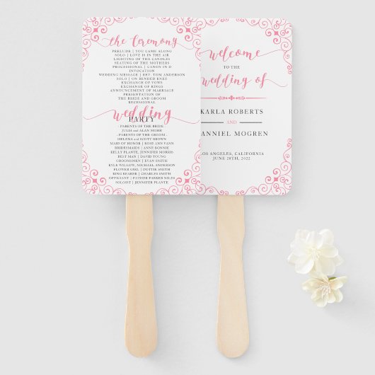 "Wedding Programme" Roze Typografie en Lijst Handwaaier (Voorkant en achterkant)