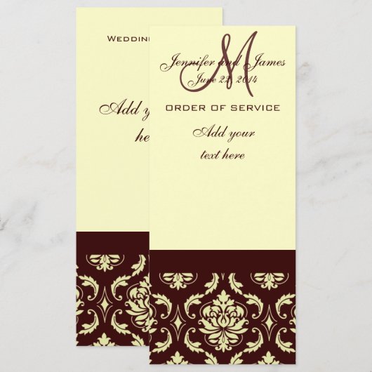 Wedding Programs Brown Cream Damask Programmakaart (Voorkant / Achterkant)