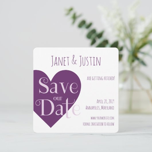 Wedding Purple Heart Modern Minimalist Save The Date (Staand voorkant)