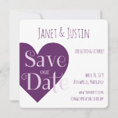 Wedding Purple Heart Modern Minimalist Save The Date (Voorkant)