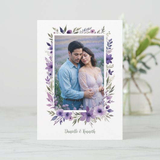 Wedding Purple Shades Flowers Branches Photo Kaart (Staand voorkant)