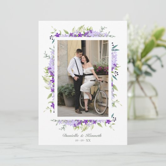 Wedding Purple Shades Flowers & Branches Photo Save The Date (Staand voorkant)
