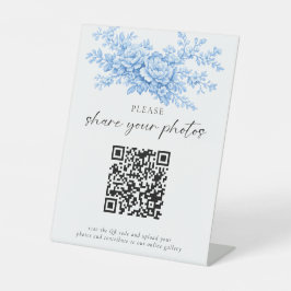 Wedding QR Code Sign Blue Floral Share Photos Reclamebord Met Voetstuk